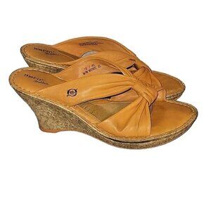 BORN DRILLES Womens Tan Leather Knotted Wedge Sandals Cork Platform Slip On Comf